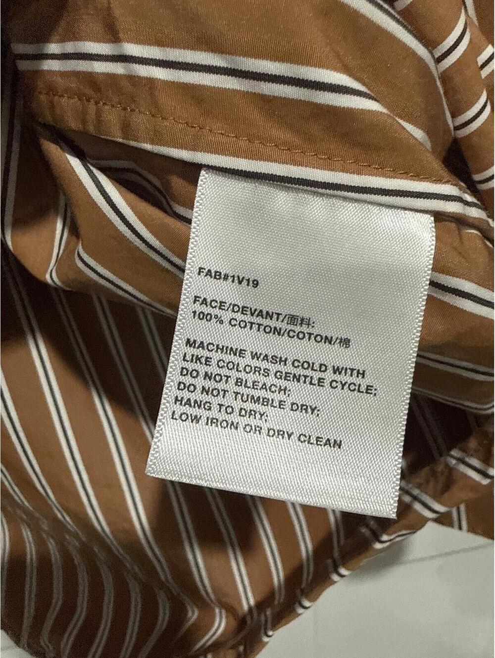 Lafayette 148 New York Brown, White & Black Striped Cotton Collared V-Neck Shirt - Picture 3 of 5